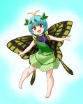  1girl :d antennae aqua_hair barefoot brown_eyes butterfly_wings commentary_request dress eternity_larva fairy full_body kousei_(public_planet) leaf leaf_on_head multicolored multicolored_clothes multicolored_dress open_mouth smile solo touhou wings 
