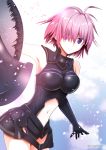  1girl armor armpits black_gloves black_leotard breasts breasts_apart cowboy_shot cutout elbow_gloves eyes_visible_through_hair fate/grand_order fate_(series) gloves hair_between_eyes hair_over_one_eye leotard looking_at_viewer medium_breasts midriff navel outstretched_arm pink_hair shielder_(fate/grand_order) short_hair solo standing stomach violet_eyes 
