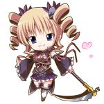  &gt;:d 1girl :d bangs black_sleeves blonde_hair blue_eyes breasts cleavage cleavage_cutout commentary_request detached_sleeves drill_hair eyebrows_visible_through_hair frilled_skirt frilled_sleeves frills full_body hair_ornament heart highres holding holding_weapon koihime_musou long_hair looking_at_viewer neck_ribbon nenko open_mouth pleated_skirt purple_skirt red_ribbon ribbon scythe sidelocks skirt smile solo sousou standing teeth weapon white_background white_legwear wide_sleeves 