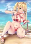  1girl :p absurdres arm_up bangs bare_legs beach bead_bracelet beads bikini blue_sky blush bracelet breasts cleavage closed_mouth clouds cloudy_sky criss-cross_halter day eyebrows_visible_through_hair fate/grand_order fate_(series) green_eyes hair_intakes halter_top halterneck highres jewelry knee_up kurofude_anastasia large_breasts long_hair looking_at_viewer navel nero_claudius_(swimsuit_caster)_(fate) ocean outdoors red_bikini revision saber_extra sandals sidelocks sitting sky smile solo striped striped_bikini swimsuit thighs tongue tongue_out tsurime twintails v 