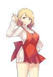  bcat bilan_hangxian blonde_hair bob_cut braid french_braid hand_on_hip highres licking_lips looking_at_viewer prince_of_wales_(bilan_hangxian) red_apron red_eyes ribbed_sweater sweater tongue tongue_out white_background 