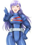  1girl bangs blunt_bangs blunt_ends breasts earrings female gundam gundam_zz hand_on_hip highres jewelry long_hair one_eye_closed open_mouth pilot_suit purple_hair roux_louka smile solo thumbs_up tsurui violet_eyes 