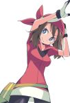  1girl bandanna bike_shorts blue_eyes breasts brown_hair collarbone gloves haruka_(pokemon) ixy light_smile looking_at_viewer medium_breasts pokemon simple_background solo white_background 
