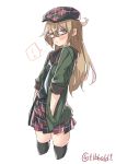  ... 1girl alternate_costume argyle bangs black_legwear blush brown_eyes brown_hair checkered checkered_skirt cowboy_shot cropped_legs ebifurya glasses hair_between_eyes hands_in_pockets hat highres kantai_collection long_hair looking_at_viewer mochizuki_(kantai_collection) necktie pink-framed_eyewear pleated_skirt pocket school_uniform semi-rimless_glasses serafuku simple_background skirt solo spoken_ellipsis thigh-highs twitter_username under-rim_glasses white_background white_necktie zettai_ryouiki 