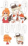  2girls :d aquila_(kantai_collection) black_gloves blonde_hair blue_eyes capelet gloves graf_zeppelin_(kantai_collection) hair_between_eyes hat heart high_ponytail jacket juliet_sleeves kantai_collection long_hair long_sleeves military military_uniform multiple_girls one_eye_closed open_mouth orange_hair peaked_cap puffy_sleeves rebecca_(keinelove) red_jacket shaded_face short_hair sidelocks smile speech_bubble translation_request twintails uniform 