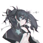  1girl arm_behind_head asymmetrical_hair black_bikini_top black_hair black_jacket black_rock_shooter black_rock_shooter_(character) blue_eyes breasts eyebrows_visible_through_hair front-tie_top hair_between_eyes ika_chan jacket long_hair navel open_clothes open_jacket simple_background small_breasts solo twintails under_boob unzipped upper_body white_background 