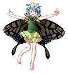  1girl :d alphes_(style) antennae barefoot butterfly_wings commentary_request dairi dress eternity_larva eyebrows_visible_through_hair fairy full_body hair_between_eyes leaf leaf_on_head looking_at_viewer medium_hair multicolored multicolored_clothes multicolored_dress open_mouth parody simple_background smile solo style_parody touhou wings 