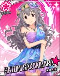  1girl alternate_hairstyle animal_print artist_request bangs bare_shoulders belt blue_dress breasts butterfly_print card_(medium) character_name closed_mouth collarbone dress drill_hair grey_hair hair_between_eyes hair_down head_wreath idolmaster idolmaster_cinderella_girls jewelry large_breasts long_hair looking_at_viewer necklace official_art purple_dress sakakibara_satomi sleeveless sleeveless_dress smile solo violet_eyes 