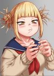  1girl 4shi bags_under_eyes bangs blonde_hair blunt_bangs blush boku_no_hero_academia cardigan collarbone double_bun eyelashes grey_background hand_gesture messy_hair school_uniform serafuku simple_background sleeves_past_wrists slit_pupils smile smug solo toga_himiko upper_body yellow_eyes 