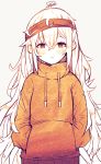  1girl artist_name bangs beige_background blush brown_eyes eyebrows_visible_through_hair g11_(girls_frontline) girls_frontline hairband half-closed_eyes hands_in_pocket hands_in_pockets highres hood hoodie long_hair looking_at_viewer messy_hair parted_lips signature simple_background solo tareme tosyeo upper_body very_long_hair white_hair 