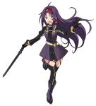  1girl ahoge black_gloves black_legwear boots brown_eyes floating_hair full_body gloves hedband holding holding_sword holding_weapon long_hair one_eye_closed open_mouth ponpon purple_boots purple_hair solo standing standing_on_one_leg sword sword_art_online thigh-highs very_long_hair weapon yuuki_(sao) 