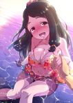  1girl :d backlighting bangs beads black_hair blush breasts cleavage day dutch_angle forehead hair_beads hair_ornament hand_holding hand_up idolmaster idolmaster_cinderella_girls large_breasts long_hair looking_at_viewer natsumi_akira navel nose_blush oonuma_kurumi open_mouth outdoors partially_submerged ponytail sitting smile solo tareme thighs violet_eyes 