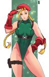  1girl abs antenna_hair beret braid breasts cammy_white contrapposto eyebrows fingerless_gloves gloves green_leotard hand_on_hip harness hat highleg highleg_leotard highres leotard long_hair medium_breasts ram_(ram80) red_gloves salute scar solo standing street_fighter street_fighter_v thigh_pouch thighs twin_braids 