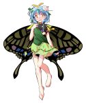  1girl alphes_(style) antennae aqua_hair bandaid barefoot brown_eyes butterfly_wings commentary_request dairi dirt dress eternity_larva fairy flat_chest full_body hand_on_own_chest highres leaf leaf_on_head multicolored multicolored_clothes multicolored_dress open_mouth parody simple_background solo style_parody tears torn_clothes touhou wings 
