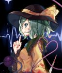  1girl binan_xian_lu black_hat blood blood_on_face bloody_clothes bloody_knife blush breasts eyebrows_visible_through_hair green_eyes green_hair hat heart holding holding_knife holding_weapon knife komeiji_koishi looking_at_viewer medium_breasts parted_lips short_hair smile solo third_eye touhou upper_body weapon 