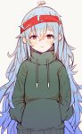  1girl artist_name bangs beige_background blue_hair blush brown_eyes eyebrows_visible_through_hair g11_(girls_frontline) girls_frontline gradient_hair hairband half-closed_eyes hands_in_pocket hands_in_pockets highres hood hoodie long_hair looking_at_viewer messy_hair multicolored_hair parted_lips signature simple_background solo tareme tosyeo upper_body very_long_hair 