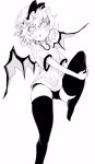  1girl :o bat_wings black_legwear buruma commentary_request darjeeling_(reley) greyscale gym_uniform hair_between_eyes hat hat_ribbon highres looking_at_viewer mob_cap monochrome remilia_scarlet ribbon short_hair simple_background solo standing standing_on_one_leg thigh-highs touhou white_background wings 