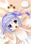  1girl =_= angora_rabbit animal bare_arms bare_shoulders bed_sheet blue_eyes blue_hair blush chocolate chocolate_heart collarbone commentary_request covering_mouth dress eyebrows_visible_through_hair eyes_visible_through_hair food from_above gochuumon_wa_usagi_desu_ka? hair_between_eyes hair_ornament heart highres holding holding_chocolate holding_food kafuu_chino long_hair looking_at_viewer lying on_back rabbit sidelocks sleeveless sleeveless_dress sundress tareme tippy_(gochiusa) twintails upper_body x_hair_ornament xiaosamiao 