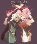  1boy 1girl boey_(fire_emblem) cape fire fire_emblem fire_emblem_echoes:_mou_hitori_no_eiyuuou fire_emblem_gaiden gloves looking_at_viewer mae_(fire_emblem) magic pink_hair red_eyes simple_background smile twintails white_hair 