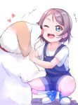  1girl alternate_costume blue_eyes brown_hair cheek_licking commentary_request dog eyebrows_visible_through_hair face_licking heart highres kanabun licking love_live! love_live!_sunshine!! one_eye_closed open_mouth shiitake_(love_live!_sunshine!!) short_hair short_sleeves tongue tongue_out watanabe_you younger 