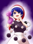  1girl :d blue_eyes blue_hair breasts commentary_request doremy_sweet eyebrows_visible_through_hair hat kousei_(public_planet) large_breasts looking_at_viewer nightcap open_mouth pom_pom_(clothes) shaded_face shirt short_hair short_sleeves skirt smile solo squeezing t-shirt tail tapir_tail touhou white_skirt 