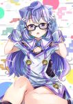  1boy absurdres adjusting_glasses animal_ears cat_ears eyebrows_visible_through_hair glasses gloves hacka_doll hacka_doll_3 highres long_hair looking_at_viewer moze parted_lips purple_hair sitting solo trap violet_eyes white_gloves 