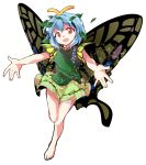  1girl alphes_(style) antennae aqua_hair barefoot brown_eyes butterfly_wings commentary_request dairi dress eternity_larva eyebrows_visible_through_hair full_body leaf leaf_on_head multicolored multicolored_clothes multicolored_dress outstretched_arms parody scales short_hair simple_background solo sparkle spread_arms style_parody touhou wings 