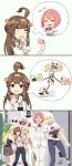  5girls ahoge alternate_costume ark_royal_(kantai_collection) bismarck_(kantai_collection) blonde_hair brown_hair comic commentary crown cup darkmaya double_bun hat highres holding holding_cup imagining iowa_(kantai_collection) kantai_collection kongou_(kantai_collection) long_hair mini_crown multiple_girls nontraditional_miko outdoors redhead remodel_(kantai_collection) shorts teacup tiara warspite_(kantai_collection) 