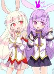  absurdres animal_ears chuchu_(show_by_rock!!) crossover highres kirara_ookami kyuuri_(miyako) long_hair low-tied_long_hair multiple_girls open_mouth pink_hair pop-up_story purple_hair rabbit_ears red_eyes school_uniform show_by_rock!! sketch smile trait_connection white_hair 