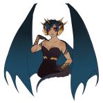 1girl arm arm_tattoo asymmetrical_hair bangs bare_arms bare_shoulders black_dress blue_hair blue_wings bracelet breasts claws collarbone cropped_legs dark_skin dragon_claws dragon_girl dragon_horns dragon_tail dragon_wings dress eyebrows_visible_through_hair facial_mark female formal grin hand_on_hip hand_on_own_shoulder hand_up highres horns lips looking_at_viewer manos medium_breasts monster_girl multiple_horns neck original parted_lips pointy_ears red_eyes scales short_hair simple_background slit_pupils smile solo strapless strapless_dress swept_bangs tail tattoo white_background wings wristlet 