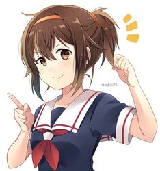  &gt;:) 1girl alternate_hairstyle brown_eyes brown_hair commentary_request hand_in_hair index_finger_raised kantai_collection neckerchief school_uniform serafuku shiratsuyu_(kantai_collection) short_ponytail smile solo twitter_username white_background yukichi_(eikichi) 