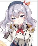  1girl black_hat blush breasts closed_mouth eyebrows_visible_through_hair gloves grey_eyes hat izumo_neru kantai_collection kashima_(kantai_collection) large_breasts looking_at_viewer medium_hair silver_hair smile solo twintails upper_body white_gloves 