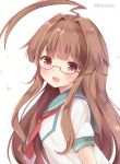  1girl :d ahoge brown_eyes brown_hair glasses glasses_day huge_ahoge kantai_collection kuma_(kantai_collection) long_hair looking_at_viewer masayo_(gin_no_ame) neckerchief open_mouth red-framed_eyewear revision sailor_collar school_uniform serafuku shirt short_sleeves simple_background smile solo sparkle twitter_username white_background 
