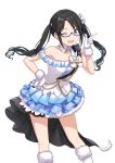  black_hair blue_eyes blue_skirt checkered checkered_skirt feathers fur_trim glasses gloves heart idolmaster idolmaster_shiny_colors looking_at_viewer microphone mitsumine_yuika official_art one_eye_closed skirt twintails white_background white_gloves 