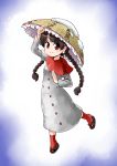  1girl ajirogasa black_hair braid buttons closed_mouth commentary_request dress earlobes eyebrows_visible_through_hair eyes_visible_through_hair flip-flops frills full_body grey_dress hand_on_headwear hat kousei_(public_planet) looking_at_viewer red_capelet red_eyes red_legwear sandals smile snow solo touhou twin_braids yatadera_narumi 