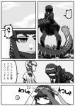  &gt;_&lt; 2girls =3 african_wild_dog_(kemono_friends) african_wild_dog_ears animal_ears clenched_teeth closed_eyes comic day fingerless_gloves gloves godzilla godzilla_(series) greyscale hair_ornament hairband half-closed_eyes highres kemono_friends kishida_shiki looking_at_another monochrome multiple_girls outdoors personification petting shin_godzilla shirt short_hair skirt sky smile solo_focus standing tail teeth translation_request 