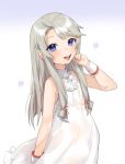  :d blush borrowed_character cowboy_shot dress gradient gradient_background hand_up highres little_mea long_hair open_mouth original petite sidelocks silver_hair smile teeth white_dress 