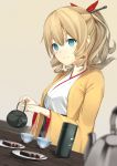  1girl aqua_eyes bangs blonde_hair blurry blush bow breasts closed_mouth commentary cup depth_of_field dish drill_hair dutch_angle eyebrows_visible_through_hair female food hair_between_eyes hair_bow hair_ornament hands hatakaze_(kantai_collection) highres hiraba_6018 holding holding_teapot japanese_clothes kantai_collection kimono large_breasts long_hair neck ponytail red_bow ringlets smile solo table teacup teapot twin_drills v-neck wagashi wavy_hair white_kimono yellow_kimono youkan_(food) 
