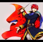  1boy :d alternate_clothes_color alternate_color belt black_clothes blue_cape blue_eyes cape depth_of_field eliwood eliwood_(fire_emblem) fire_emblem fire_emblem:_rekka_no_ken grey_background hair_between_eyes head_tilt highres holding holding_sword holding_weapon long_sleeves looking_at_viewer male_focus nintendo open_mouth pants pauldrons red_cape redhead round_teeth short_hair smile solo standing sword teeth tiara weapon white_pants 