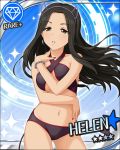  1girl artist_request bare_shoulders bikini black_hair blue_background bracelet breasts card_(medium) character_name collarbone criss-cross_halter demon_horns demon_tail diamond_(symbol) earrings green_eyes halter_top halterneck helen_(idolmaster) horns idolmaster idolmaster_cinderella_girls jewelry long_hair looking_at_viewer nail_polish navel official_art parted_lips red_nails solo swimsuit tail under_boob 
