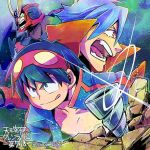  2boys blue_hair drill goggles goggles_on_head gurren-lagann kamina lens_flare male_focus mecha multiple_boys nonosaki open_mouth simon tengen_toppa_gurren_lagann tongue tongue_out 