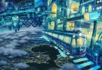  above_clouds city_lights clouds cloudy_sky commentary_request earth fantasy ground_vehicle horizon kemi_neko lake light night no_humans ocean original outdoors railroad_tracks scenery science_fiction sign sky space space_station star_(sky) starry_sky train train_station 