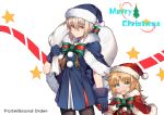  2girls :d absurdres artoria_pendragon_(all) bangs black_legwear blonde_hair blue_dress blue_gloves blush braid capelet closed_mouth copyright_name dress fang fate/grand_order fate_(series) fur_trim gloves grey_hair half_updo hat highres holding looking_at_viewer merry_christmas mordred_(fate) mordred_(fate)_(all) multiple_girls open_mouth pantyhose parted_bangs sack santa_alter santa_costume santa_hat short_dress sidelocks silver_hair simple_background sky smile star star_(sky) starry_sky white_background yorukun younger 