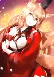  1girl absurdres animal_ears blonde_hair breasts commentary_request fate/extra_ccc_fox_tail fate_(series) fox_ears fox_tail hair_between_eyes head_tilt highres long_hair looking_at_viewer medium_breasts neck_ribbon red_ribbon ribbon saber_(fate/extra_ccc_fox_tail) shirokuma1414 solo tail yellow_eyes 