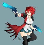 1girl angry blue_background blue_skirt breasts cleavage commentary dual_wielding fatuus gun large_breasts looking_to_the_side open_clothes open_shirt original red_eyes redhead shirt skirt solo spaulders tagme thigh-highs weapon zettai_ryouiki 