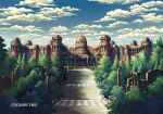  blue_sky building castle clouds cloudy_sky day door forest graphite_(medium) k_kanehira moss nature no_humans outdoors path plant railing road romancing_saga_3 ruins saga scenery sky stairs traditional_media tree watermark window 