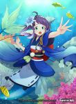  1girl ahoge aqua_eyes bubble copyright_name coral fish flower force_of_will hair_flower hair_ornament hairband head_fins japanese_clothes kimono mermaid monster_girl official_art open_mouth purple_hair solo underwater 