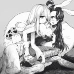  2girls blush bunnysuit greyscale hug hug_from_behind kagari_atsuko leila_(yurisouls) little_witch_academia long_hair molestation monochrome multiple_girls mushroom sucy_manbavaran yuri 