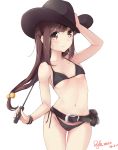  adjusting_clothes adjusting_hat artist_name belt belt_pouch bikini black_bikini black_hat blush breasts brown_eyes brown_hair dated dgle3370 groin hair_bobbles hair_ornament hat highres long_hair looking_at_viewer navel original riding_crop small_breasts standing swimsuit 