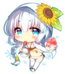  1girl bikini blush braid breasts chibi cleavage closed_mouth eyebrows_visible_through_hair flower holding holding_spoon hyousetsu large_breasts long_hair looking_at_viewer mofuaki navel silver_hair smile solo sound_voltex spoon sunflower swimsuit thigh-highs white_legwear 